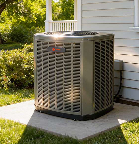 Trane outdoor heat pump beside a home
